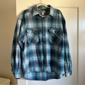Bright Blue White Thick Flannel Button Up Vintage Oversized Large Dual Control